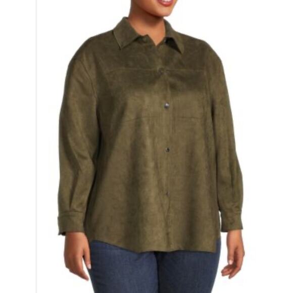 Truth By Republic NWT Green Faux Suede Collared Snap Up Shacket Plus Size 1X - Picture 1 of 9